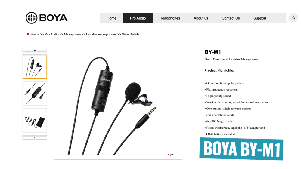 The Boya BY-M1 microphone on the Boya website