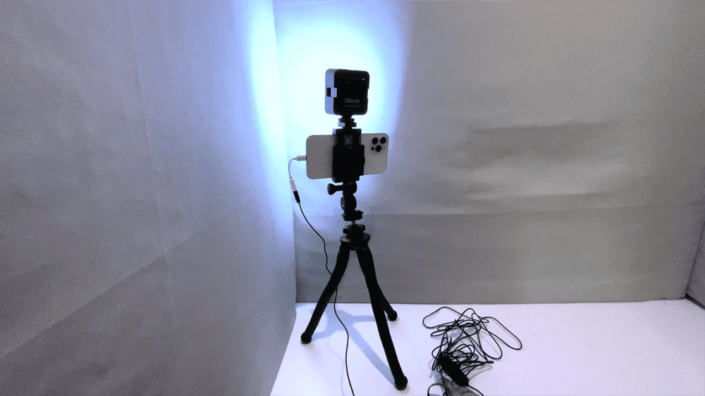 A small tripod, smartphone, basic light and microphone for filming