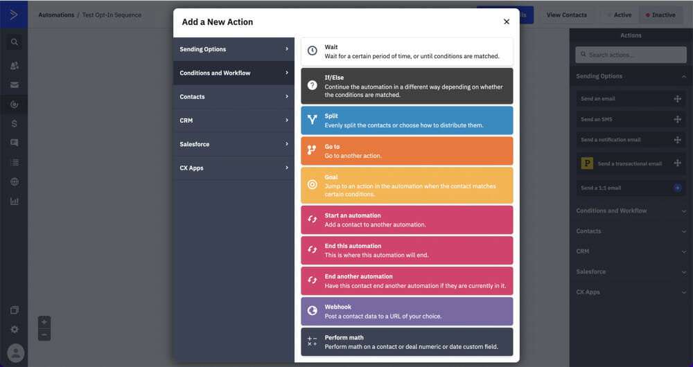 Actions inside ActiveCampaign's automation builder