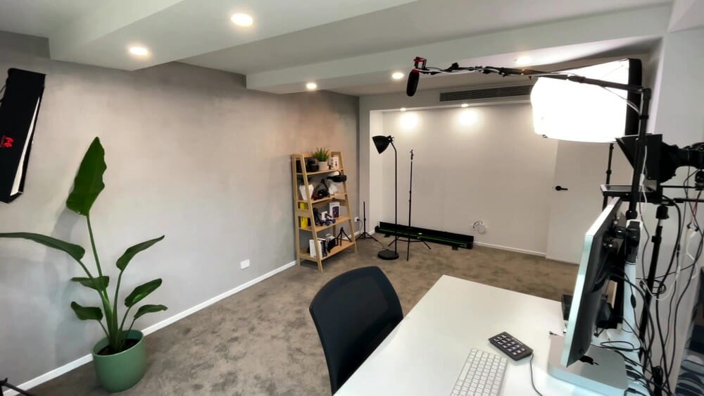 Wide angle shot of the filming studio