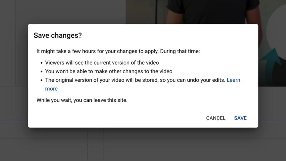 A notification from YouTube about saving video changes