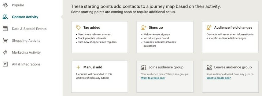Automation starting points in Mailchimp