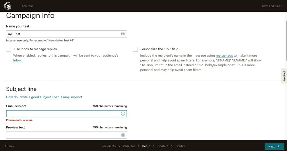 Settings you can adjust in Mailchimp A/B tests