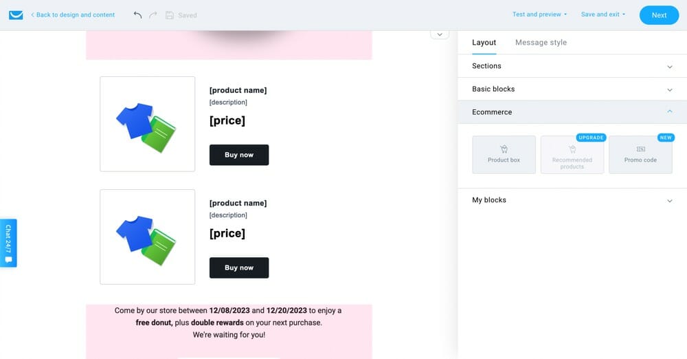 Product boxes inside the GetResponse email builder