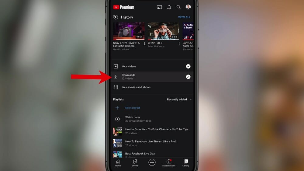 The Downloads button in the YouTube app