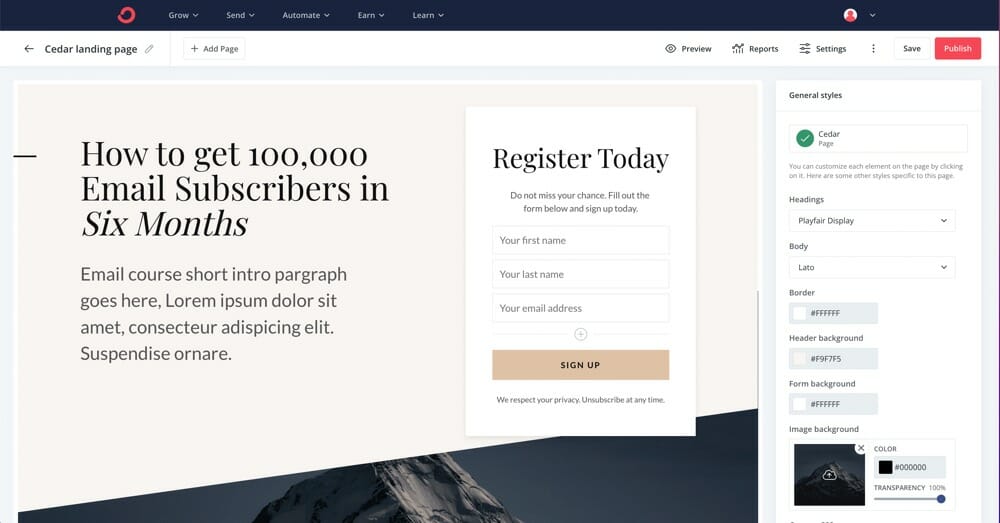 The landing page builder in ConvertKit