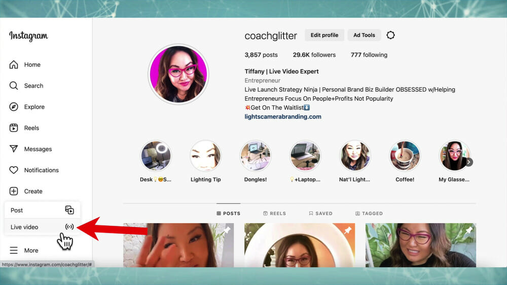 Coach Glitter's Instagram page on desktop