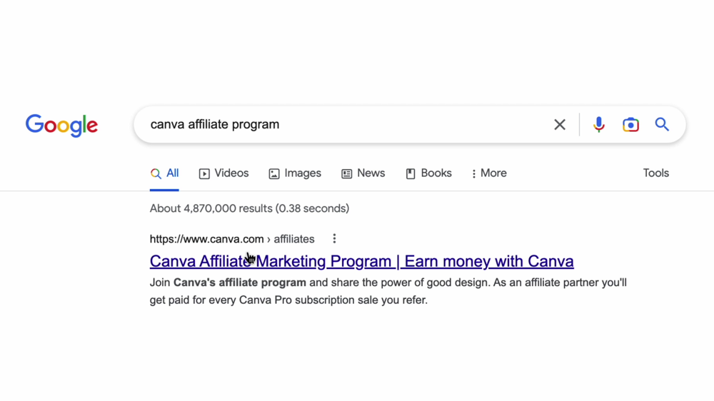 Google search of 'canva affiliate program'