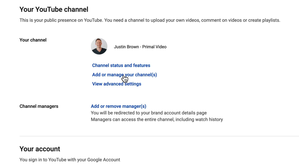 YouTube settings for creating an additional channel