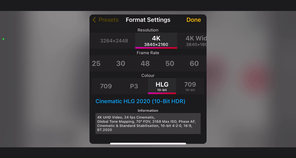 Adjust video resolution, frame rate and color in Cinema P3 Pro