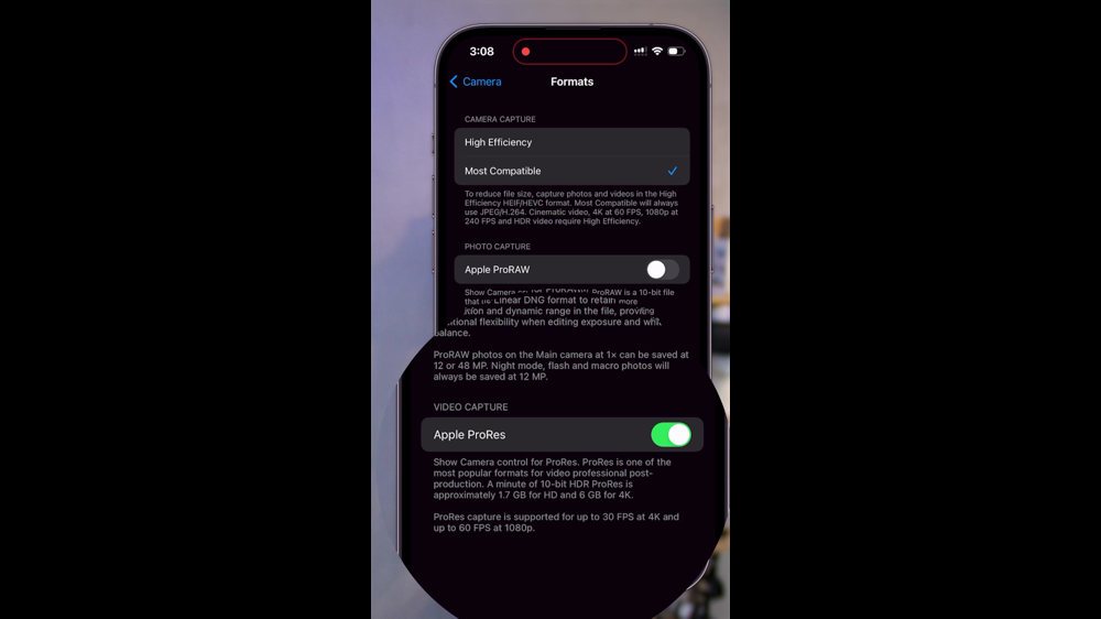 Apple ProRes in the iPhone Settings