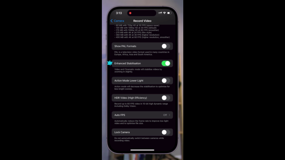 Enhanced Stabilization feature in iPhone settings