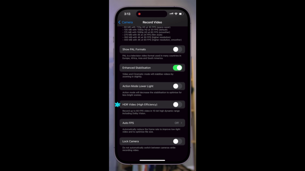 HDR Video option in iPhone settings