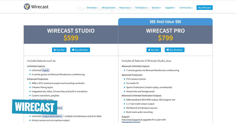 Wirecast Pricing page