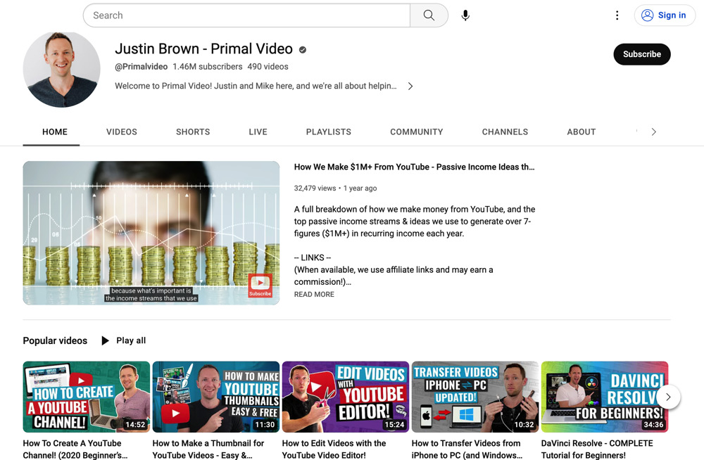 Primal Video uses their YouTube homepage for promoting lead magnets