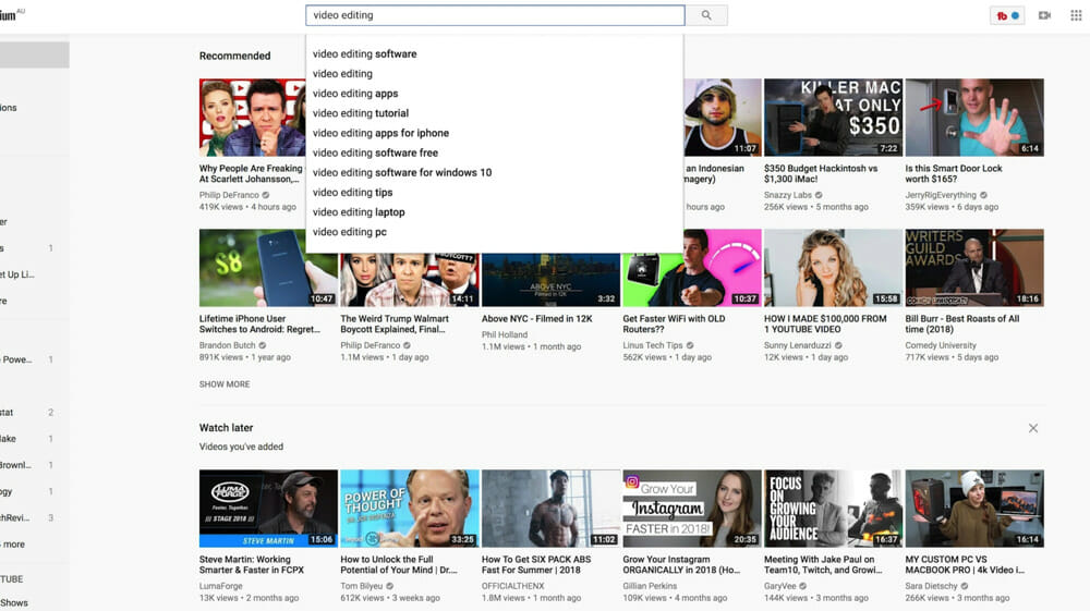 A range of video suggestions appearing in the YouTube search bar