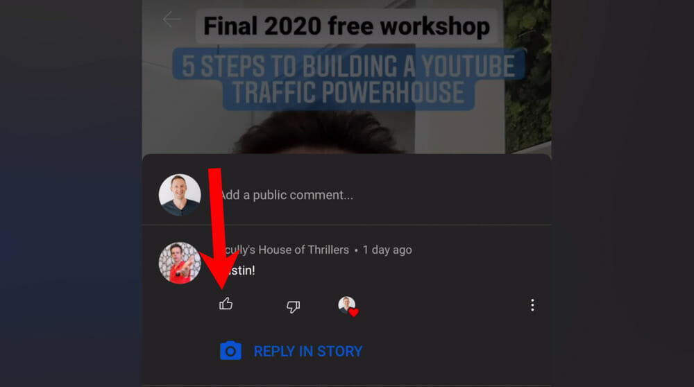 Different react options to a comment on a YouTube Story