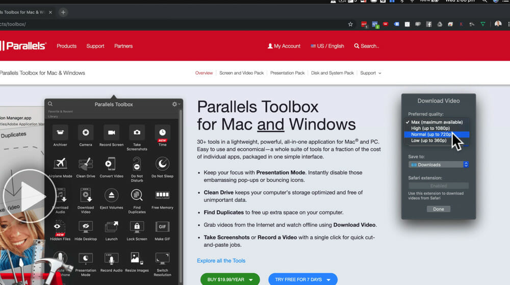 Different settings you can adjust in the Download Videos tool of Parallels Toolbox