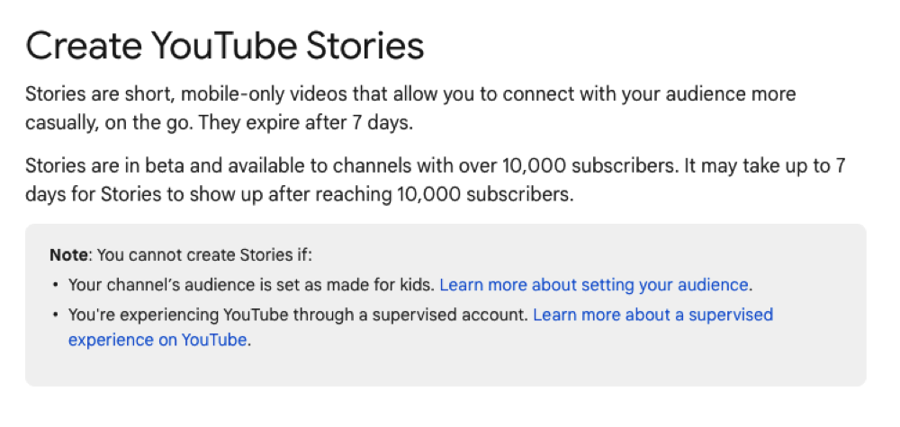 Information from the YouTube Support page saying Stories are available to channels with over 10,000 subscribers