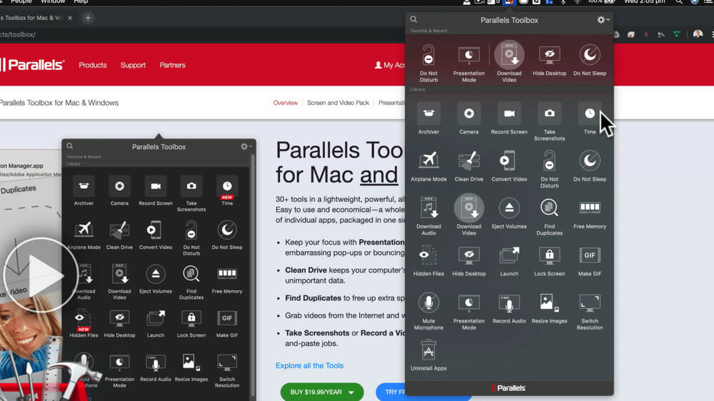 The entire range of tools inside Parallels Toolbox
