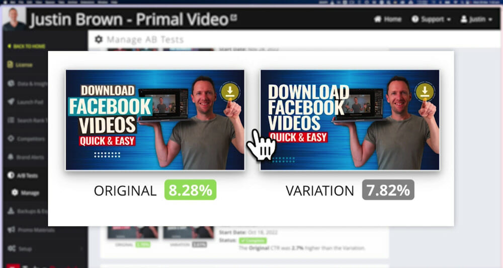 Two YouTube thumbnail variations inside TubeBuddy for a video on 'How To Download Facebook Videos'
