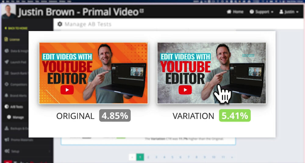 Two YouTube thumbnail variations inside TubeBuddy for a video on 'YouTube Video Editor Tutorial'