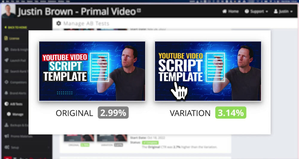Two YouTube thumbnail variations inside TubeBuddy for a video on 'YouTube Video Script Template'