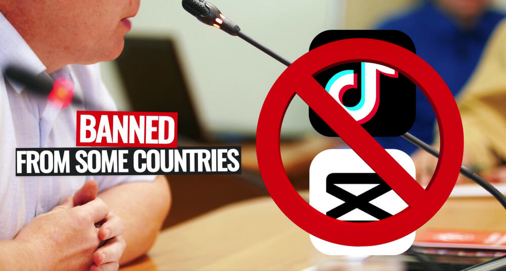 An official man speaking into a microphone with icons of TikTok and CapCut behind a 'Banned' symbol