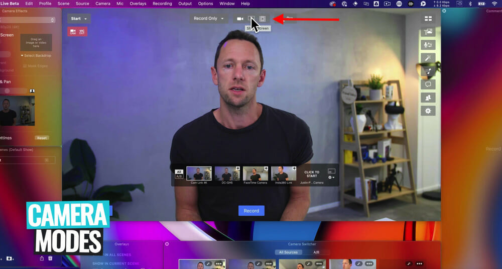 Camera Modes with 3 icons on the top middle section of Ecamm Live interface