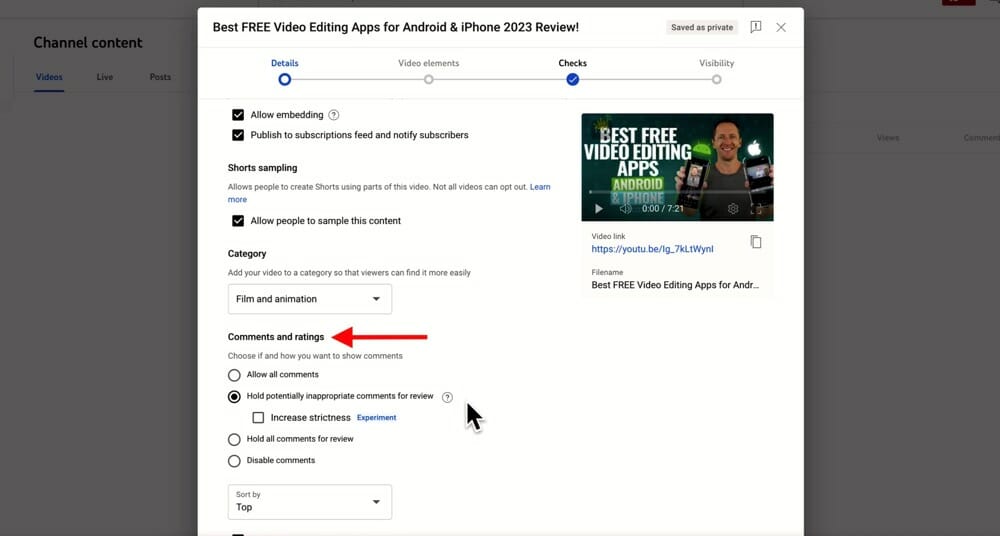 Comments and ratings setting for uploads on YouTube