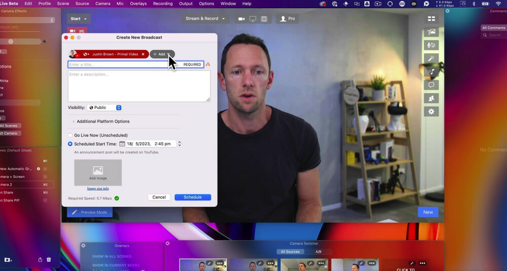 Create New Broadcast window where you can select the destination for your live broadcast