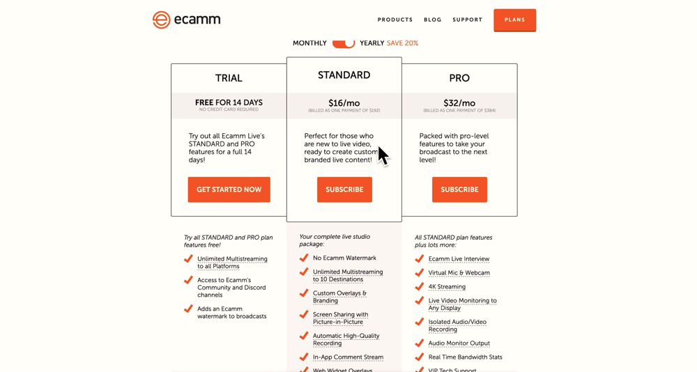 Ecamm Live Pricing list with 14-day Trial, Standard, and Pro options