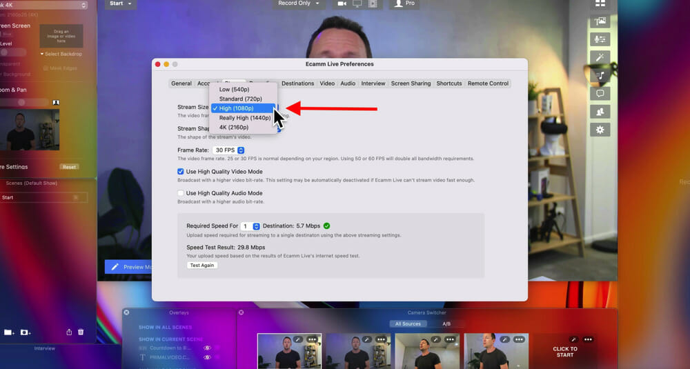 'High (1080p)' option highlighted for Stream settings in Ecamm Live preferences
