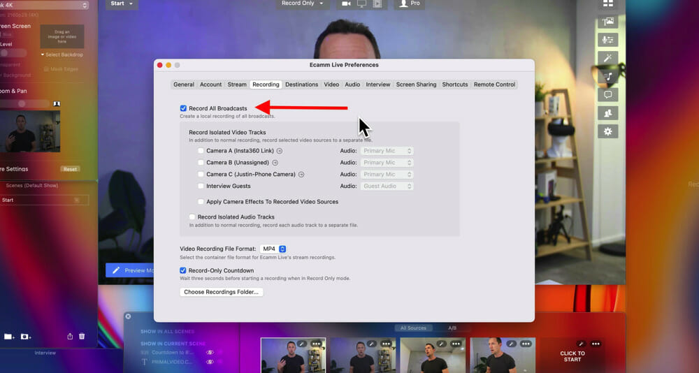 'Record All Broadcast' setting ticked under Recording tab in Ecamm Live preferences