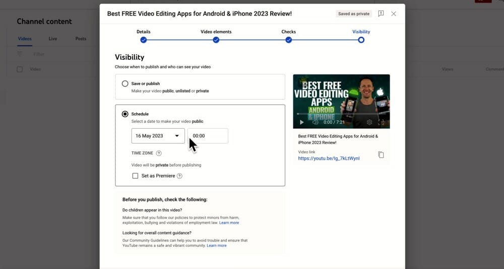 Schedule setting under Visibility setting in YouTube upload page