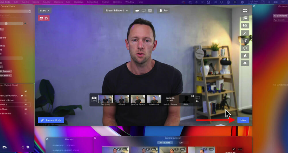 Stream & Record video mode selected with New button on the bottom right corner of the Ecamm Live preview
