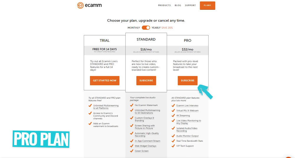 Subscription Plan page for Ecamm Live