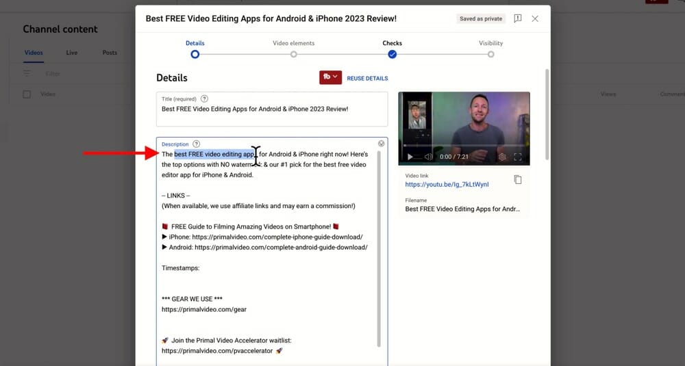 "best FREE video editing app" highlighted in a YouTube Description edit page