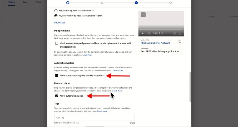 Ticked settings for "Allow automatic chapters and key moments" and "Allow automatic places"