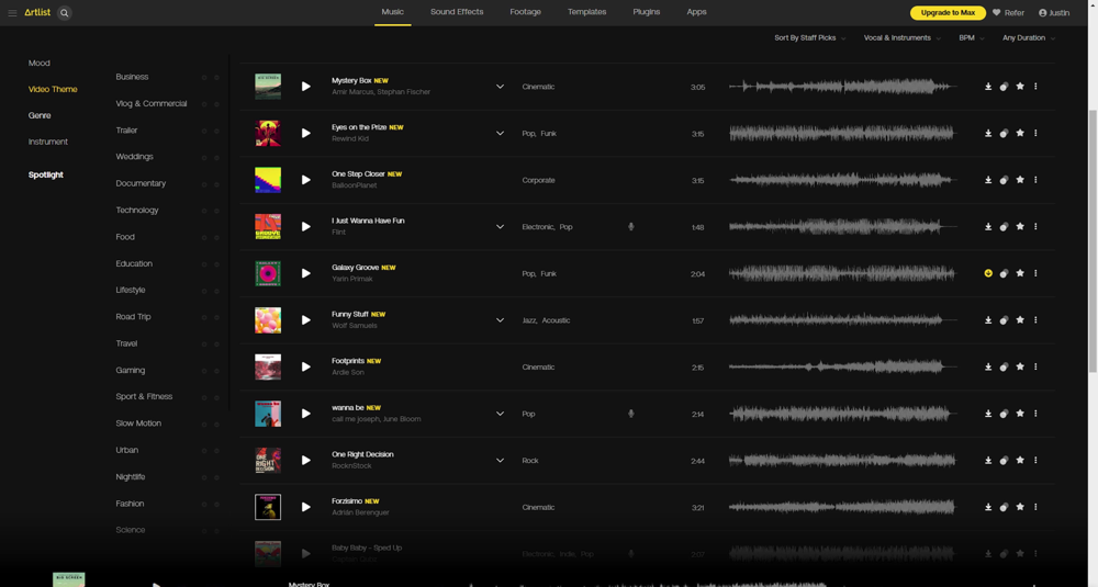 Artlist Music Library showing their list of music categorized by Video Theme