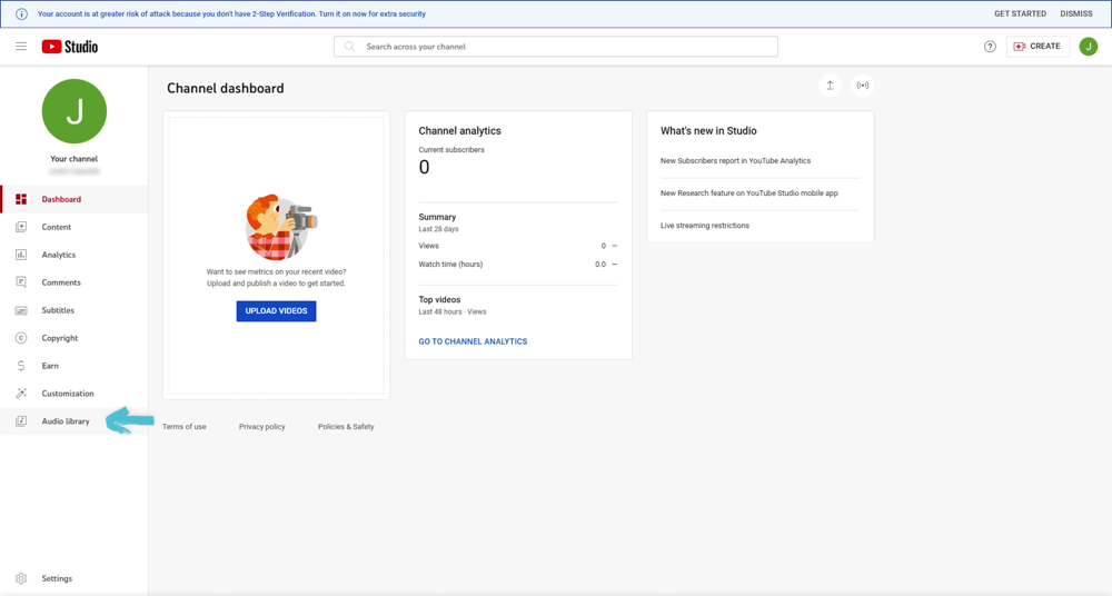 Audio Library in YouTube Studio on the left side bar menu