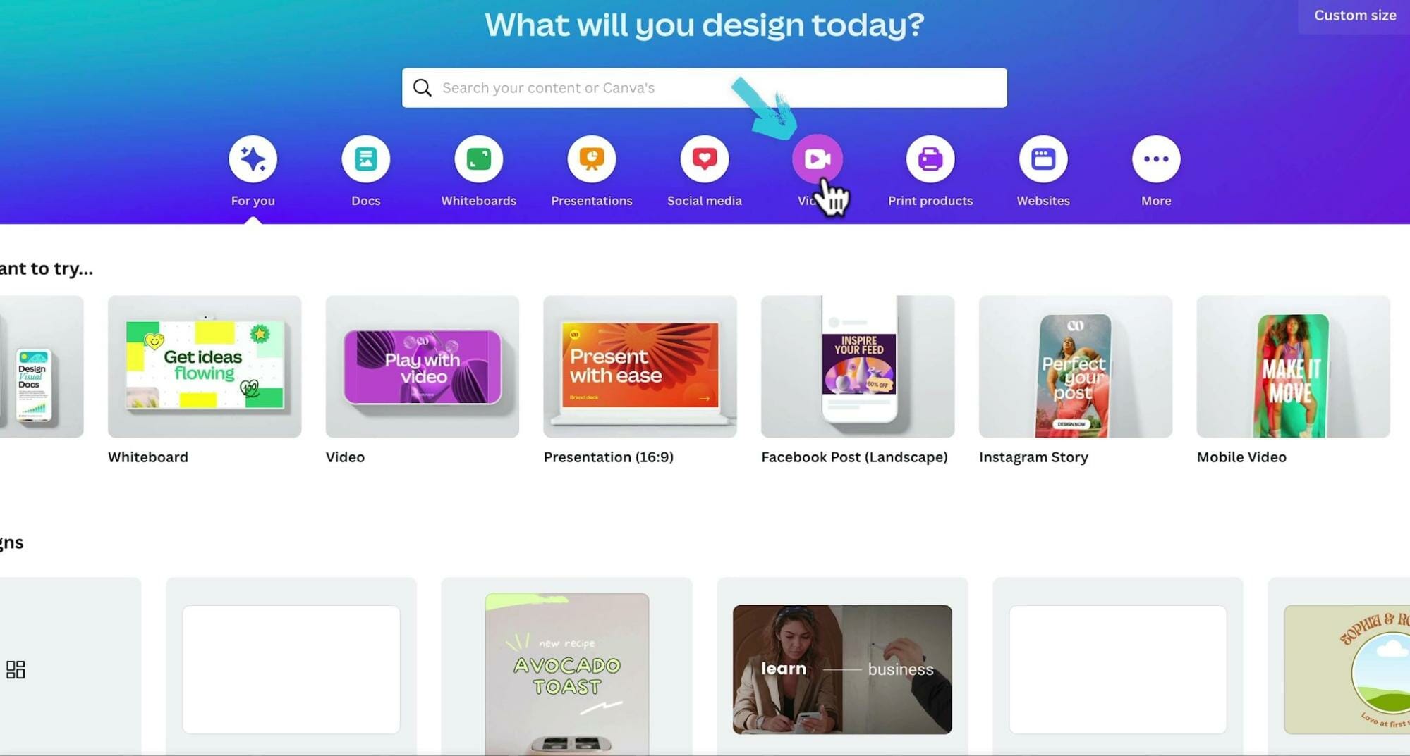 Canva Home Page with 'Video' project category selected