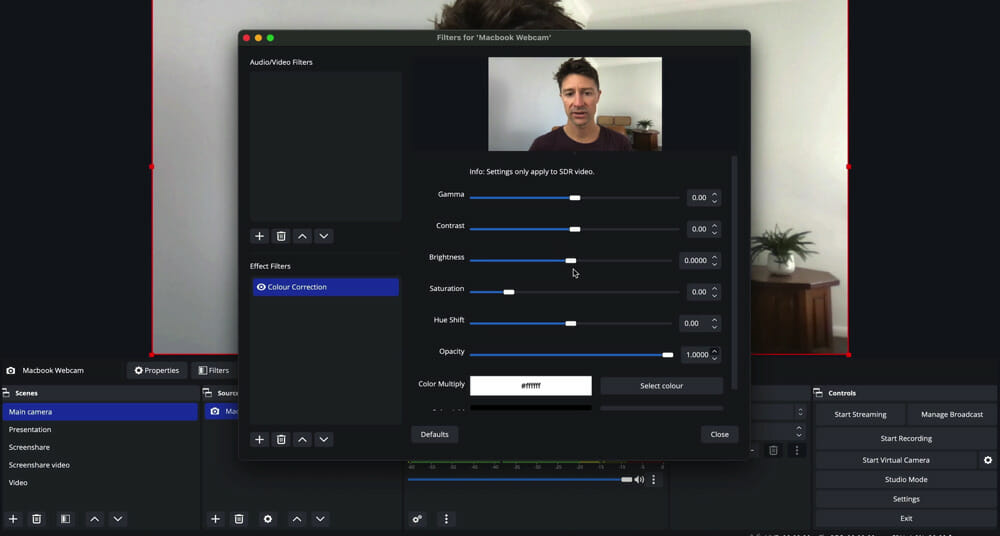 Color Correction Effects under OBS Studio Filters settings