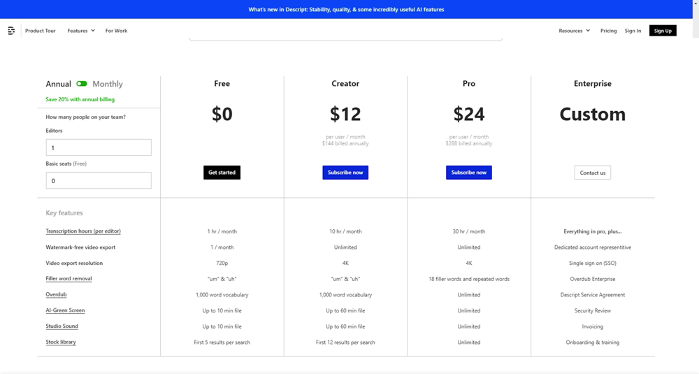 Descript Price Plan with Free, Creator, Pro, and Enterprise tiers