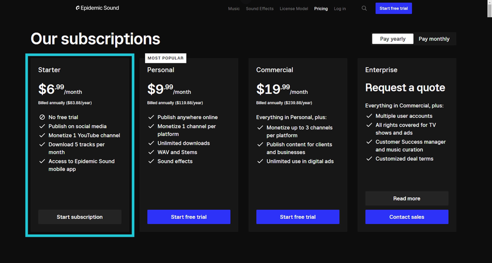 Epidemic Sound Subscription Plan Pricing List with four tiers and option to pay yearly or monthly