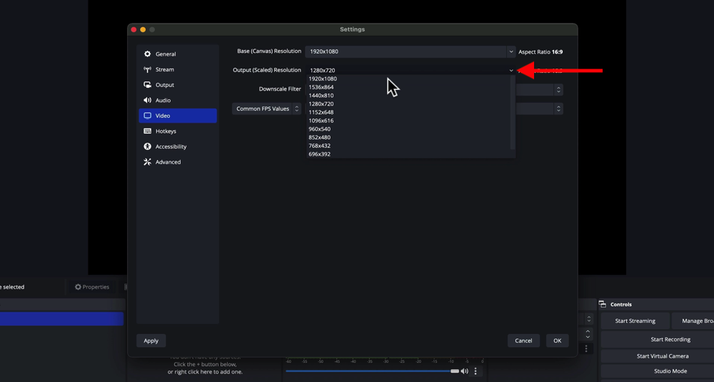 OBS Studio Resolution Settings showing a list of Video Resolution you can set your output to