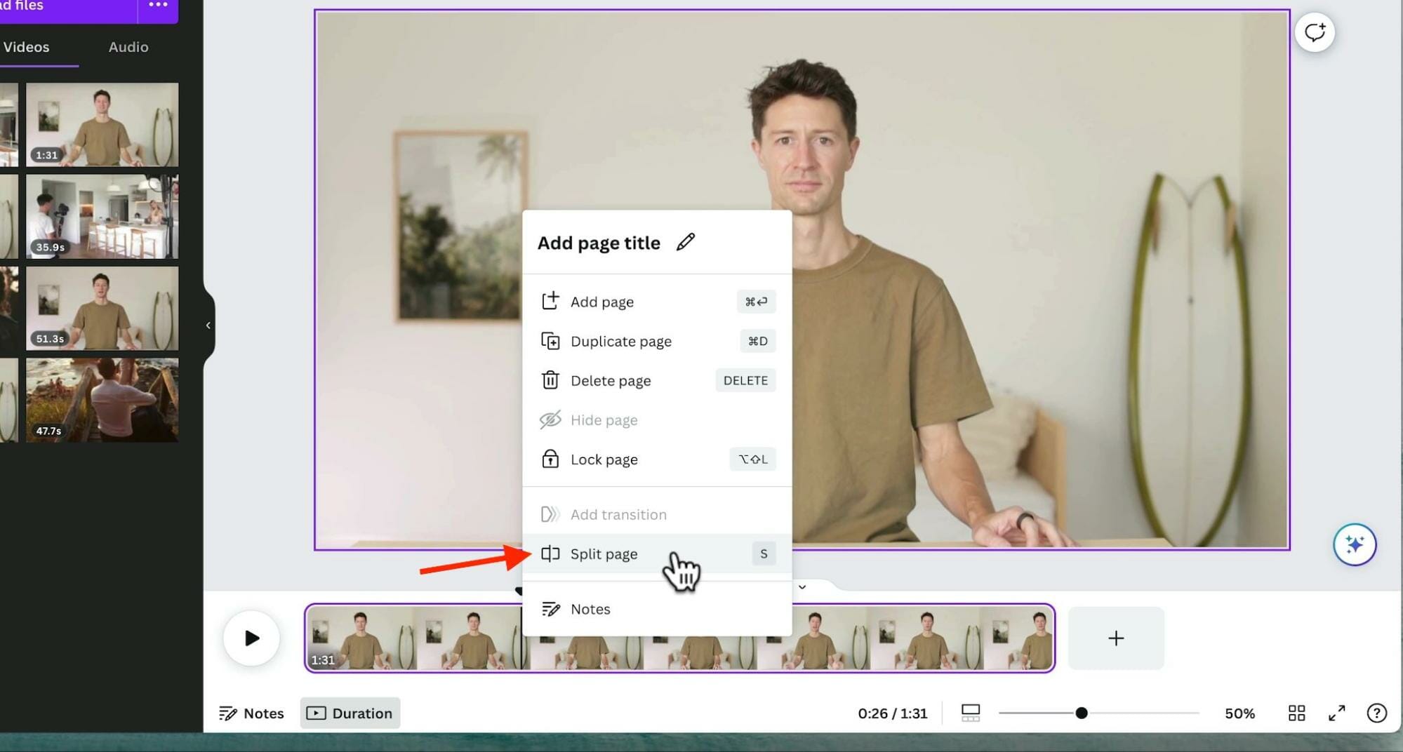 Tool options after right-clicking on the video timeline with Split page highlighted