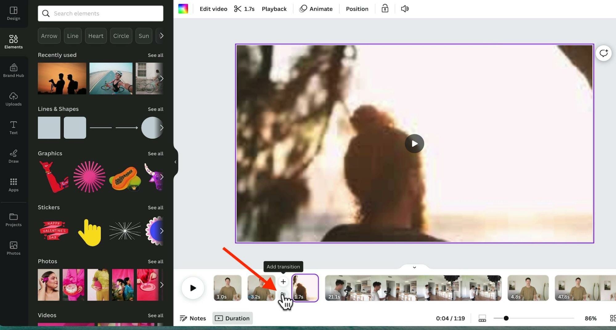 Transition button in between clips in Canva video timeline