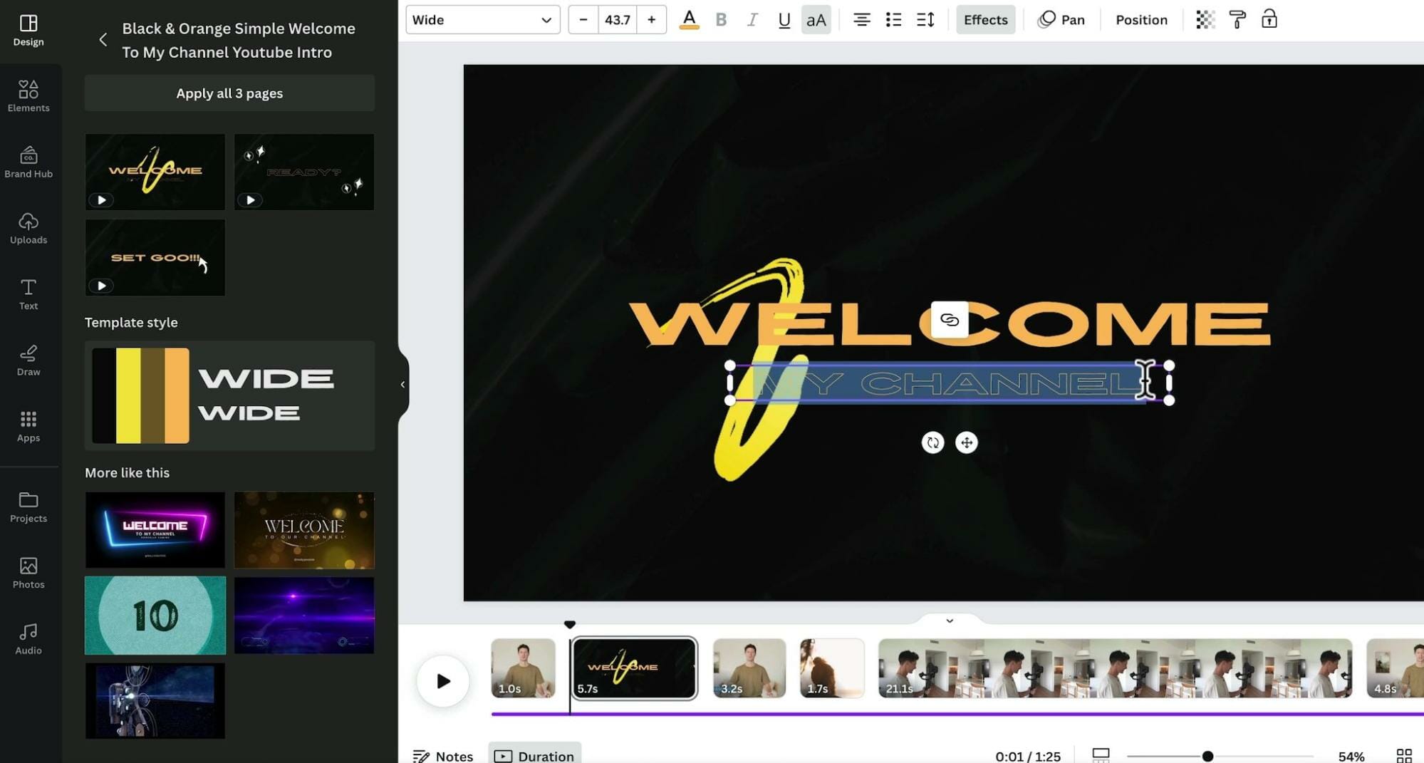 YouTube Intro template being edited in Canva canvas
