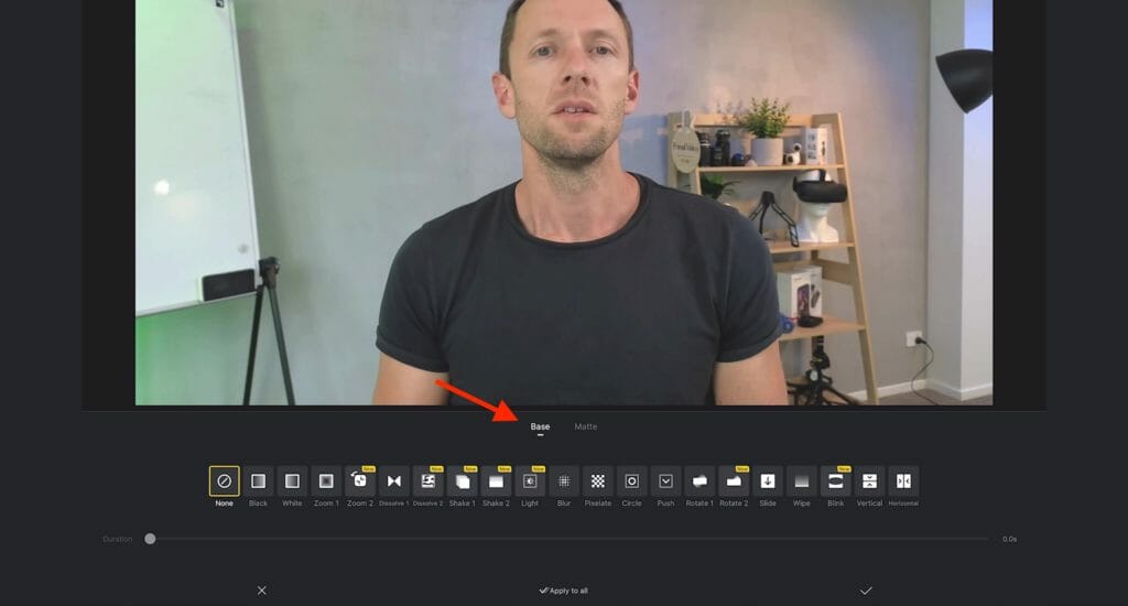 Transition Menu in VN Video Editor showing numerous options under categories called Base and Matte